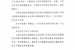 中足联官方：少数观众之间互相投掷水杯，对中甲广西赛区通报批评