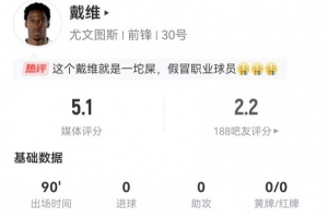 冒充职业？戴维6射3正+2失良机+16丢失球权 11对抗5成功 获5.1分