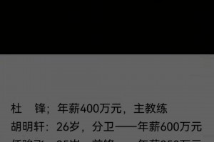 广东俱乐部人员工资单：杜锋队内第二高，徐杰仅70万
